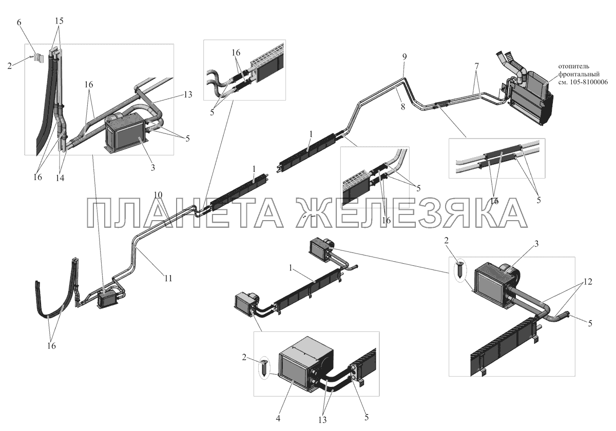 Установка системы отопления в салоне (1-секция) 105-8100008-60 МАЗ-105 (2011)
