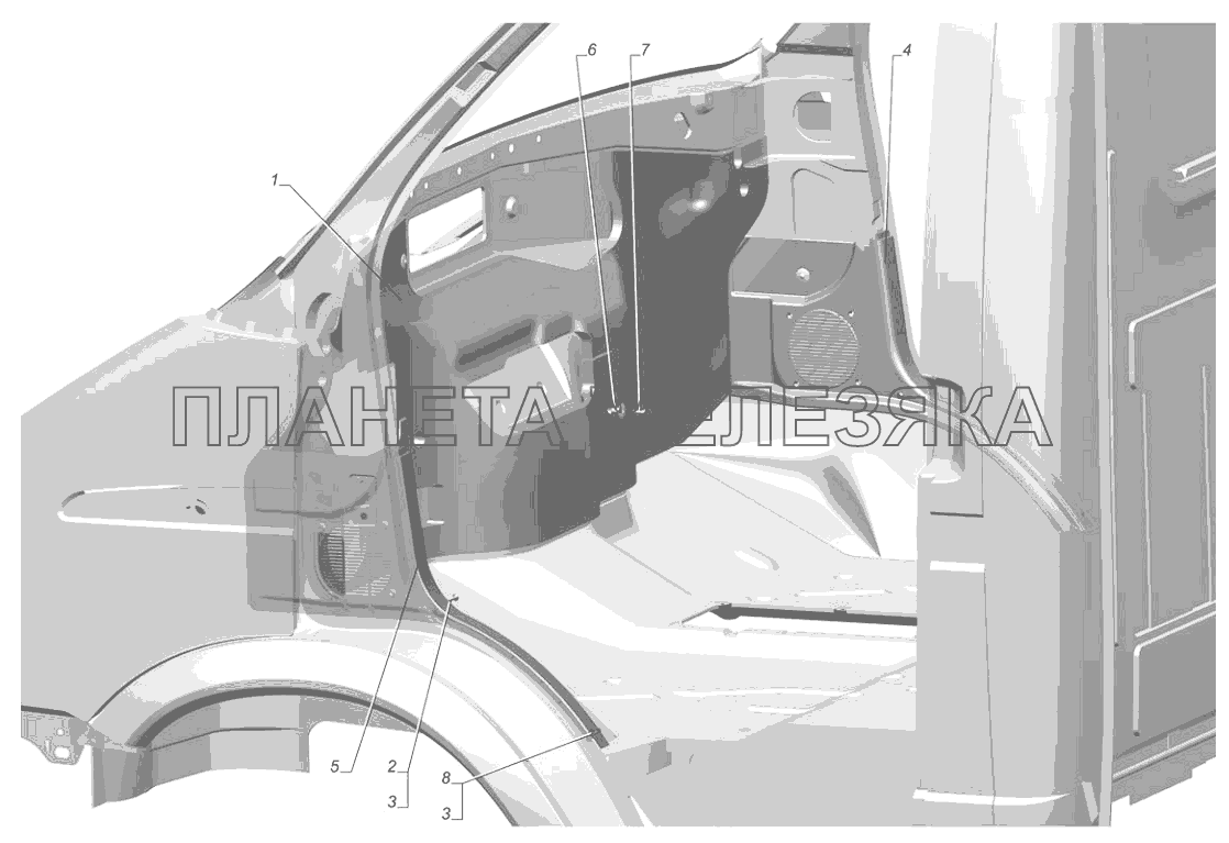 3302-5302002-20. Установка обивки передка ГАЗ-3302 (с двиг. УМЗ)