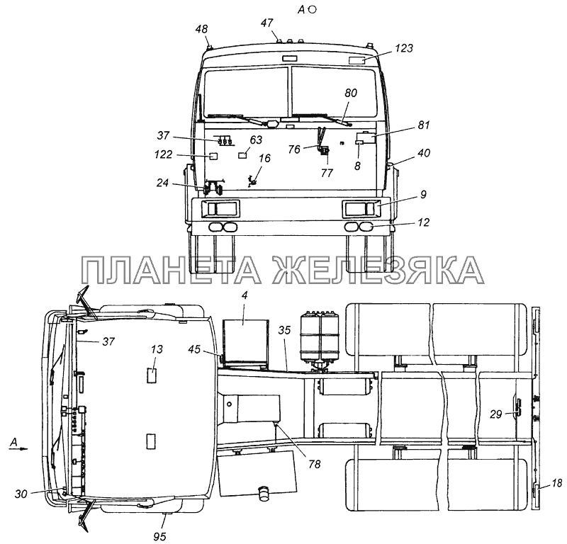 Электрооборудование. Расположение на автомобиле 34308-3700001-10 КамАЗ-4308