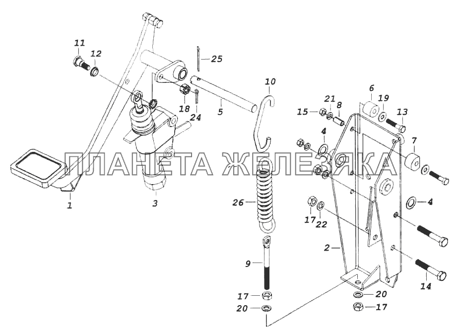 Педаль сцепления с кронштейном и главным цилиндром КамАЗ-6522