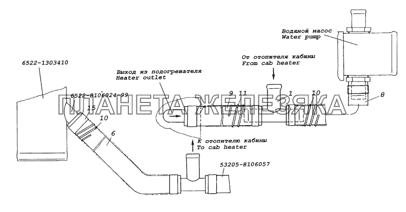 6522-8106010-99 Подключение подогревателя к системе охлаждения КамАЗ-65226