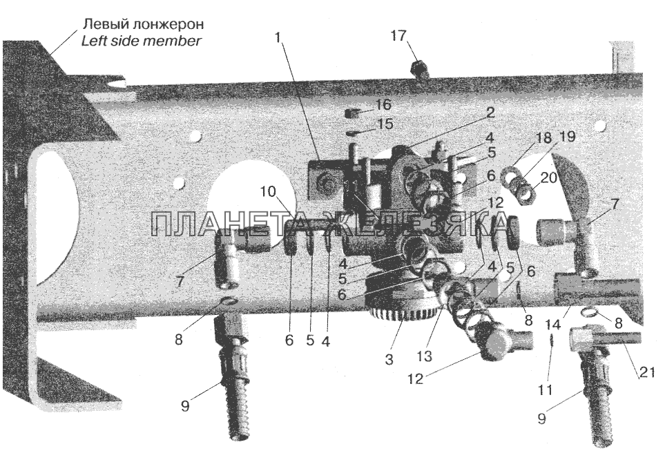Установка ускорительного клапана и присоединительной арматуры МАЗ-543208, 543205, 543203, 543202 МАЗ-5432