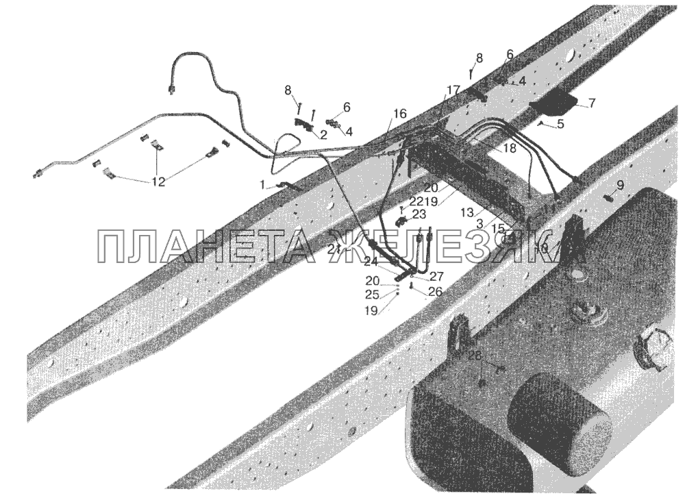 Установка топливопроводов МАЗ-543203, 543202 (с подогревателем) МАЗ-543202