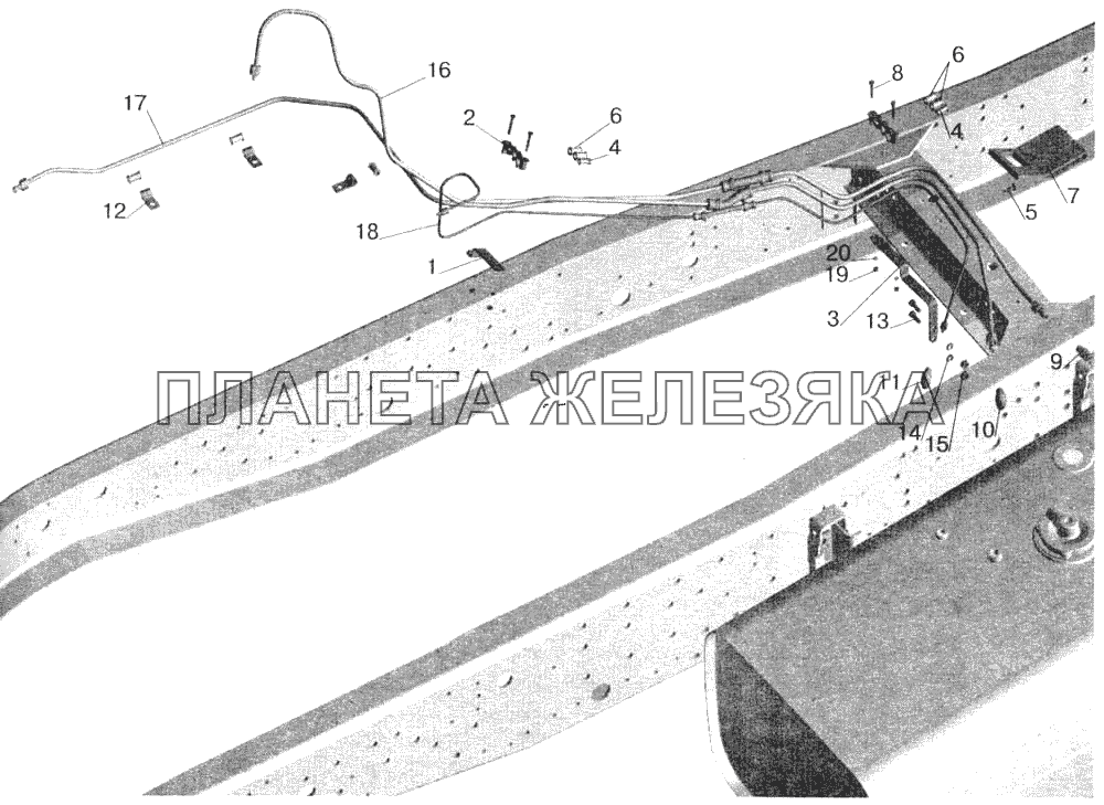 Установка топливопроводов МАЗ-543203, 543202 (без подогревателя) МАЗ-543202