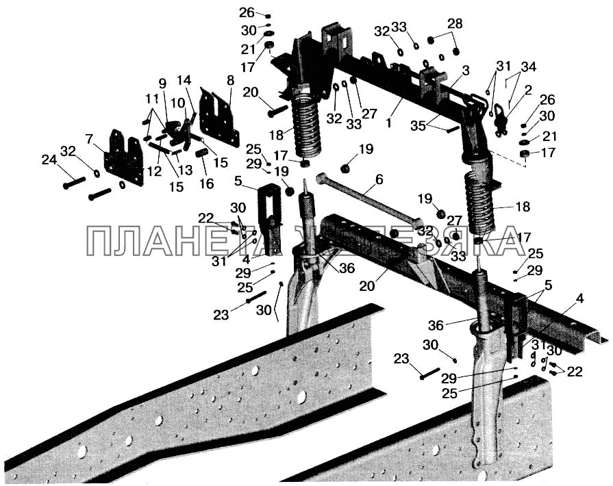 Заднее подрессоривание большой кабины МАЗ-543202