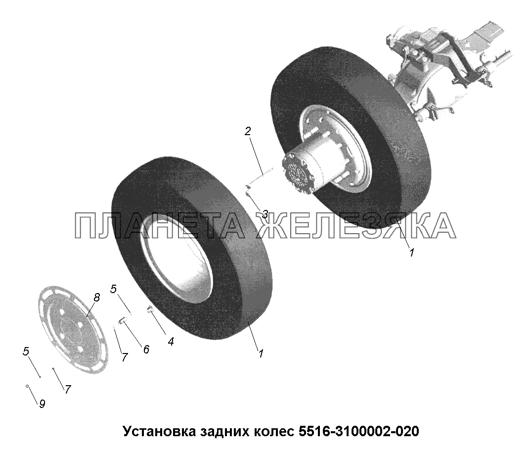 Колеса и ступицы\Установка задних колес 5516-3100002-020 МАЗ-631705, 631708