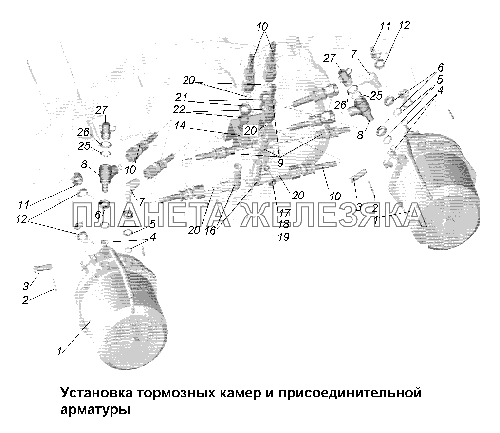 Тормоза\Установка тормозных камер и присоединительной арматуры на средний мост МАЗ-631705, 631708