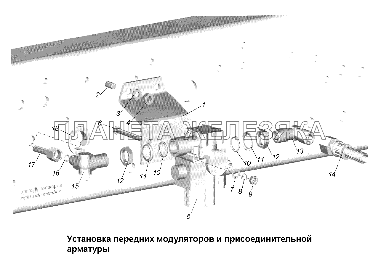 Тормоза\Установка передних модуляторов и присоединительной арматуры МАЗ-631705, 631708