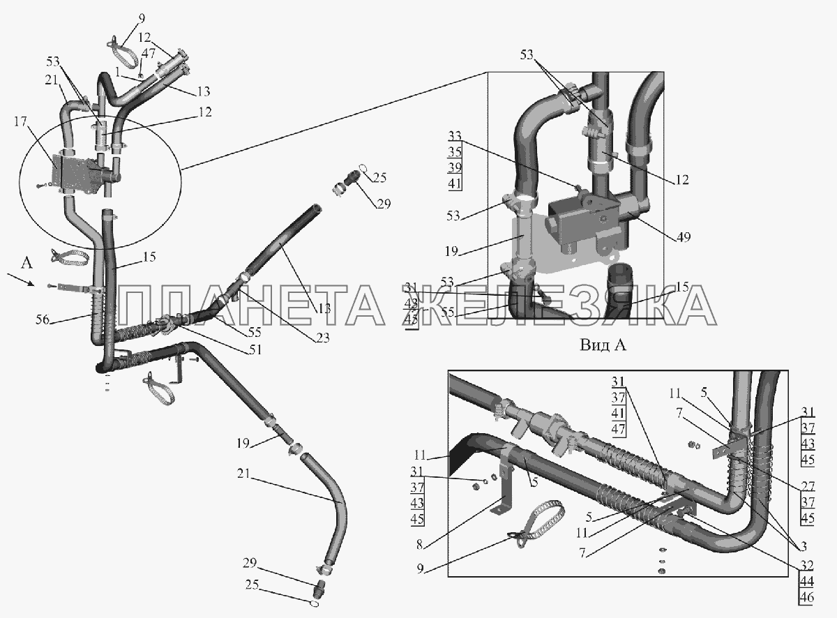 Установка шлангов отопителя 6516V8-8100006-030 МАЗ-6516V8-520 (6516V8-540)