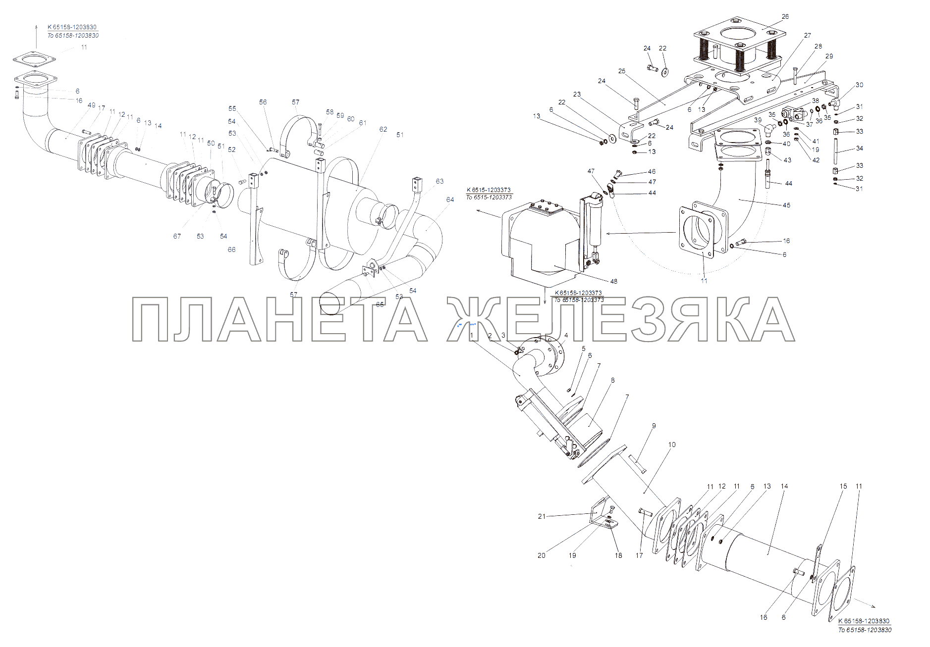 Установка системы выпуска газов МЗКТ-65151 