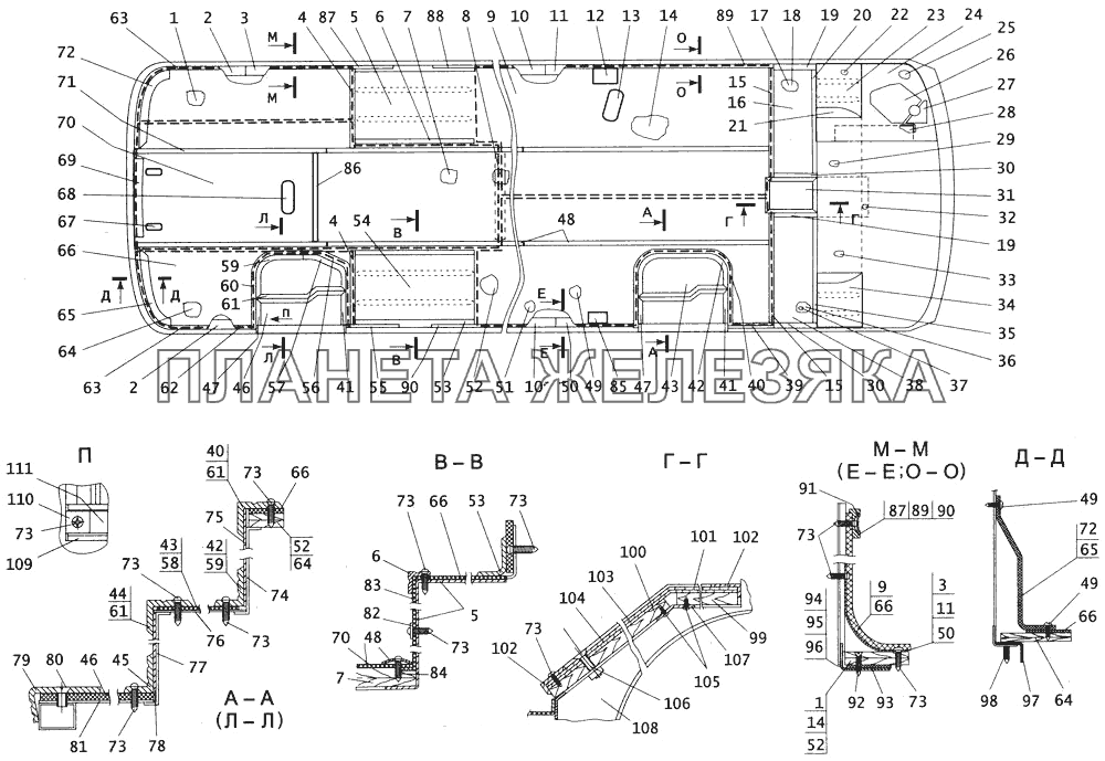 Кожухи арок колес, настил и коврики пола автобуса ПАЗ4234 ПАЗ-4234