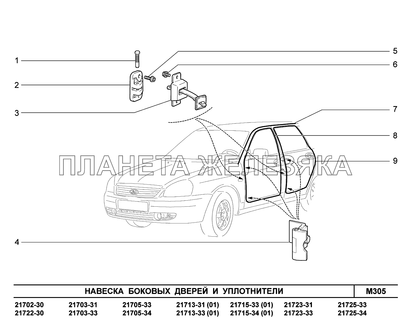 M305. Навеска боковых дверей и уплотнители ВАЗ-2170 