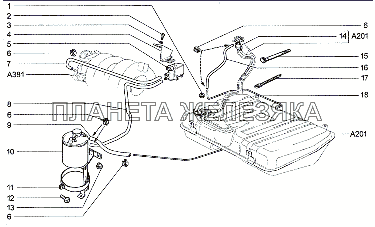Система улавливания паров бензина (32, 55, 34) Chevrolet Niva 1.7