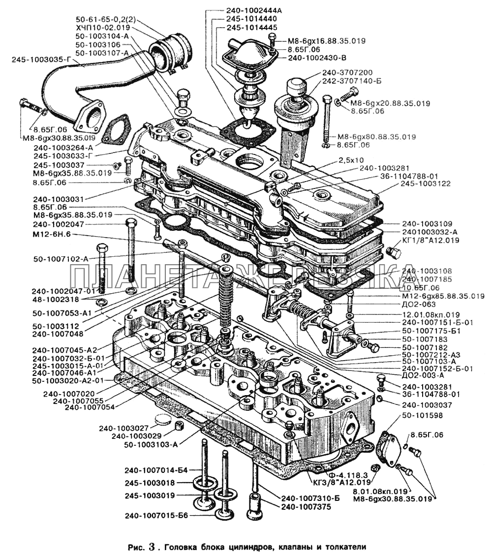 Головка блока цилиндров, клапаны и толкатели ЗИЛ-5301